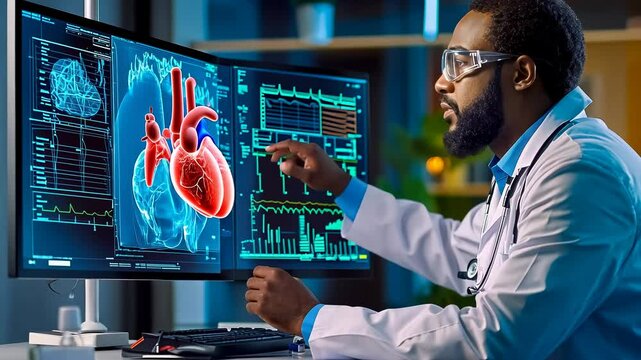 Doctor examining heart visualization night.Healthcare professional analyzes cardiac data computer.Modern care utilizing advanced technology.Critical insights medical diagnostics.Focused examination