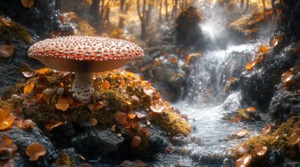 Autumnal forest stream, mushroom, waterfall, fantasy