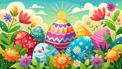 Easter celebration: colorful painted eggs among blooming flowers on a sunny spring day, ideal for holiday greetings and decorations © williamnoah