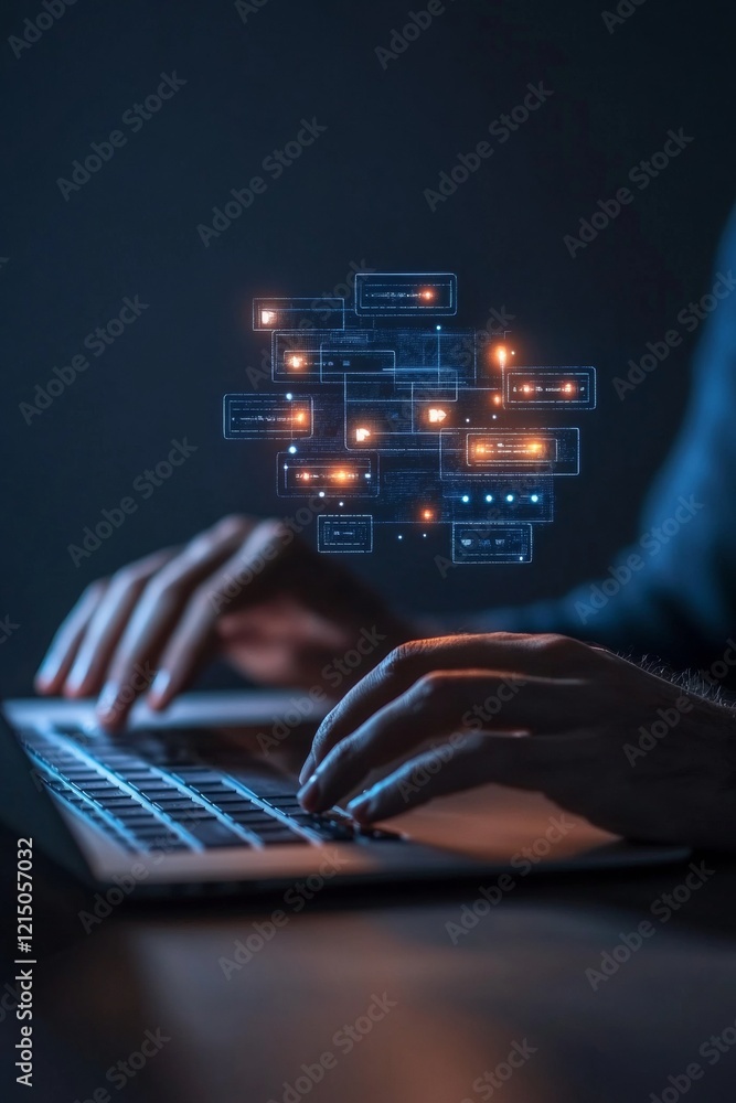 Poster Minimalist Home Workspace Close-Up of Hands Typing on Laptop with Interactive Digital Interface for Virtual Job Fair - Enhancing Online Recruitment Efficiency