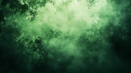 A green forest background with mist and fog, evoking calmness and tranquility, perfect for nature-inspired designs with a minimalistic, bright tone and blurred effects, offering empty space for captio