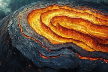 A cross-section of a planet showing its core, mantle, and crust layers, with molten lava and minerals glowing vividly, highlighting the geological forces at play deep within