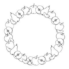 round frame of apples and pears, contour pattern, hand drawn in cartoon style.