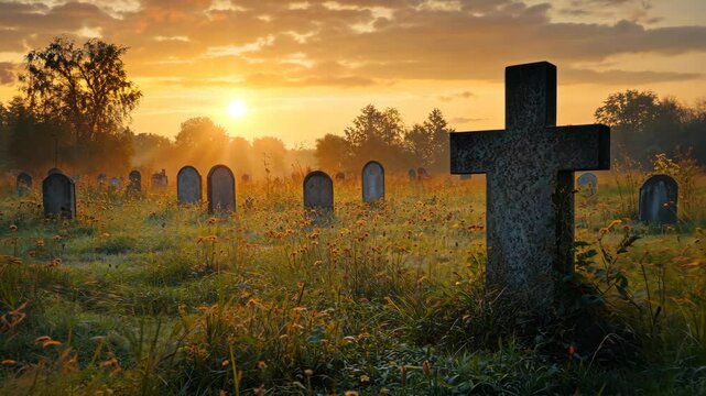 Serene sunrise over a quiet graveyard surrounded by misty fields and old tombstones