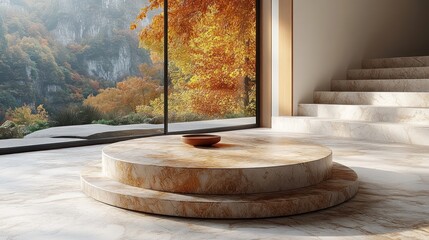 Fototapeta premium Autumnal mountain view, stone platform, modern home