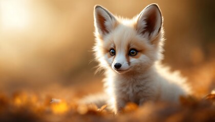 Adorable Fox Kit in Autumn Leaves Golden Hour Photography