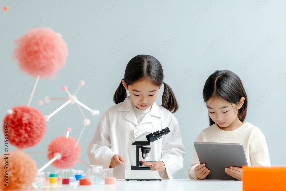 Poster modern stem learning setup young latina girl with microscope and tablet in vibrant lab - creative ed