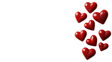 Red hearts arranged on a solid black background for decorative or romantic themes isolated on transparent background.