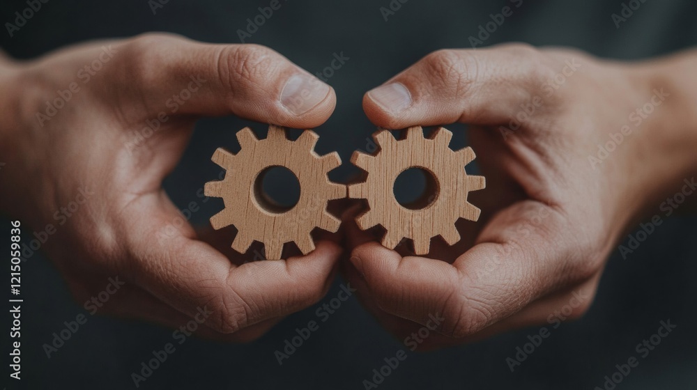 Poster industrial minimalism in action wooden gears held in diverse hands - collaborative engineering visua