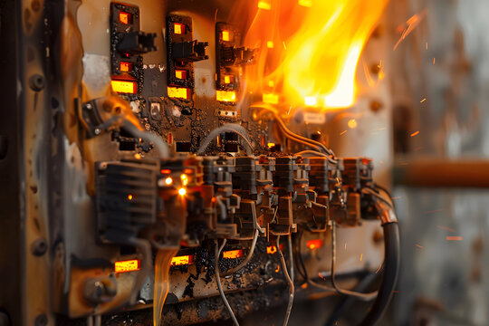Electrical panel on fire with sparking wires
