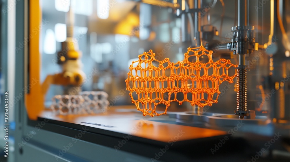 Aufkleber close-up view of an intricate orange molecular structure being fabricated by a machine with a metal 