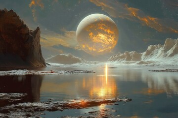 A crystalline moon orbiting a distant gas giant, reflecting the star?? light in a dazzling display of color and brilliance