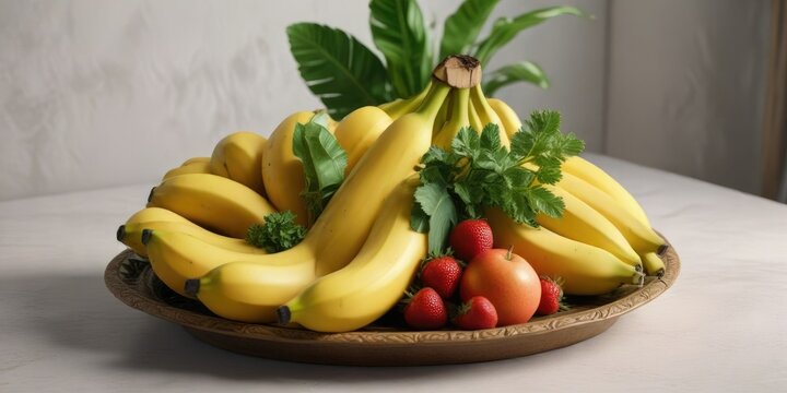 Banana molens arranged on a decorative platter with fresh fruit and greenery, decorative platter, baked goods, fresh fruit