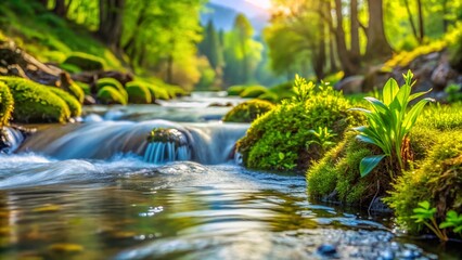 Fototapeta premium Lush Spring Stream: Close-Up of Fresh Water & Greenery - Horizontal Banner