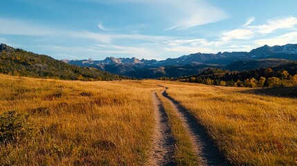 Fototapeta premium Serene Pathway Through Golden Grasslands and Majestic Mountains