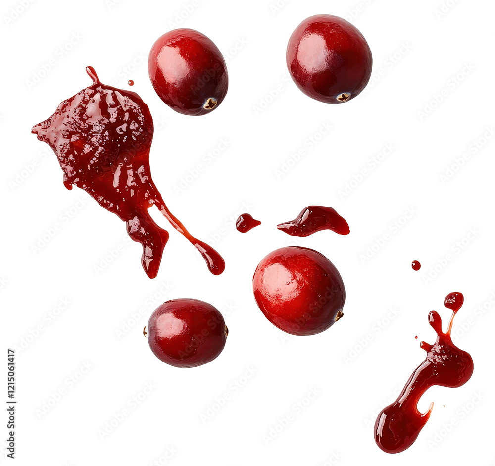 Aufkleber group of colorful cherries falling against a solid black background in high-resolution image isolate