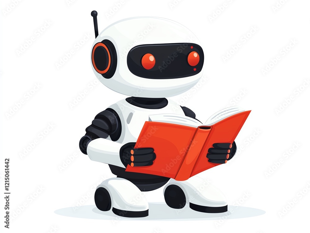 Poster a cute robot reading a book, blending technology with knowledge and curiosity.