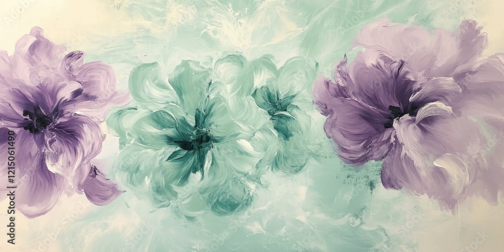 Poster vibrant lilac and mint flowers are artistically arranged on a softly colored background, creating a 