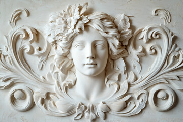 Carved image of an elegant bas relief on a textured wall with gypsum generative AI technology