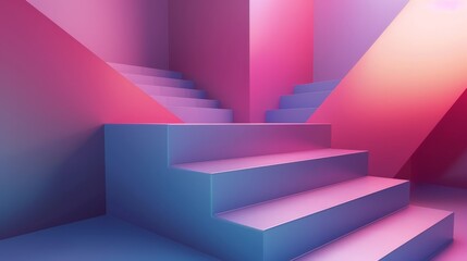 Abstract Staircase, Neon Pink and Blue Gradient, 3D Render