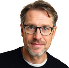 Obraz premium Middle aged German man with eyeglasses wearing a black sweater isolated on transparent background