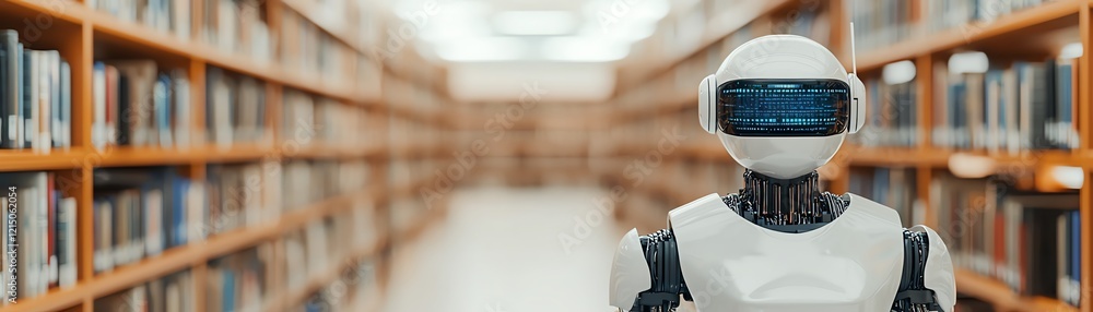 Poster a futuristic robot standing in a modern library filled with books and technology.