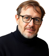 Fototapeta premium Middle aged German man with eyeglasses wearing a black sweater isolated on transparent background