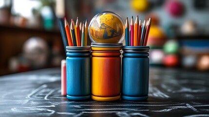 Colored pencils in holders with globe.