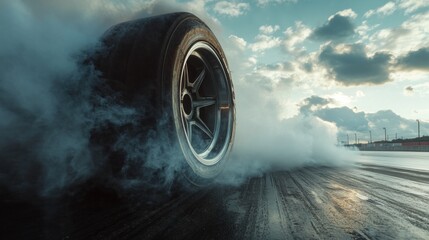 Extreme burnout of a tire on the race track during a competition