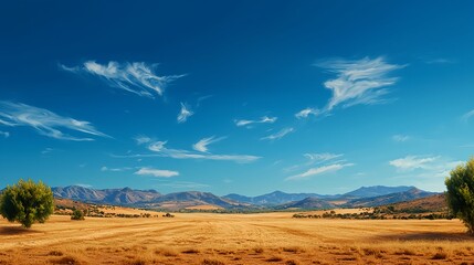 Fototapeta premium Vast Open Landscape with Blue Sky and Wispy Clouds in Horizon