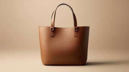 Elegant brown leather tote bag isolated on neutral background studio shot