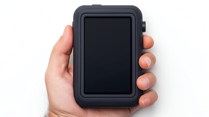 A hand holding a modern, rugged smartphone with a blank screen for display purposes.