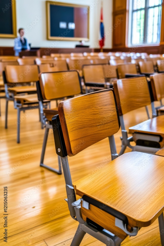 Poster empty classroom with wooden desks and a lone figure in the background during daylight