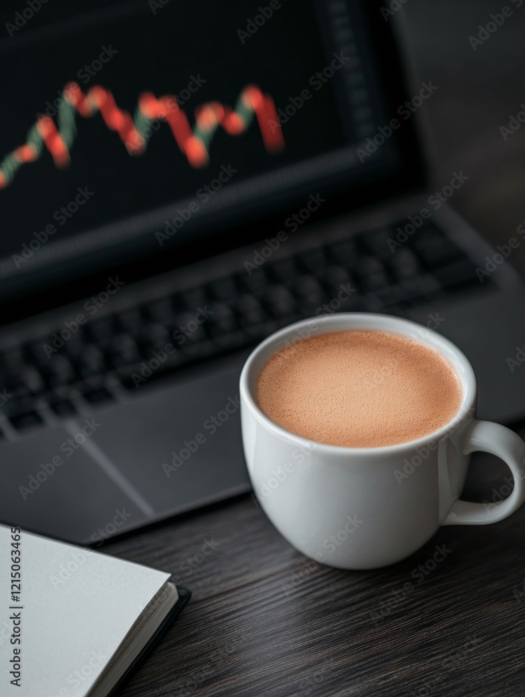 Aufkleber Contemporary Digital Trading Workspace Real-Time Stock Data on Laptop with Trend Lines, Coffee and Notebook - Modern Financial Strategy and Investment Insight Tool