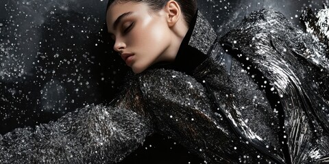 Obraz premium A model lies gracefully with eyes closed, clad in a sparkling jacket, surrounded by an enchanting display of glimmering particles in a dark environment