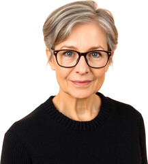 Fototapeta premium Middle aged German woman with eyeglasses wearing a black sweater isolated on transparent background