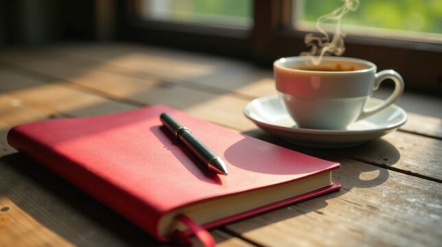 A red journal rests on a rustic wooden surface, accompanied by a steaming cup of coffee and a sleek pen, bathed in warm sunlight filtering through a window.