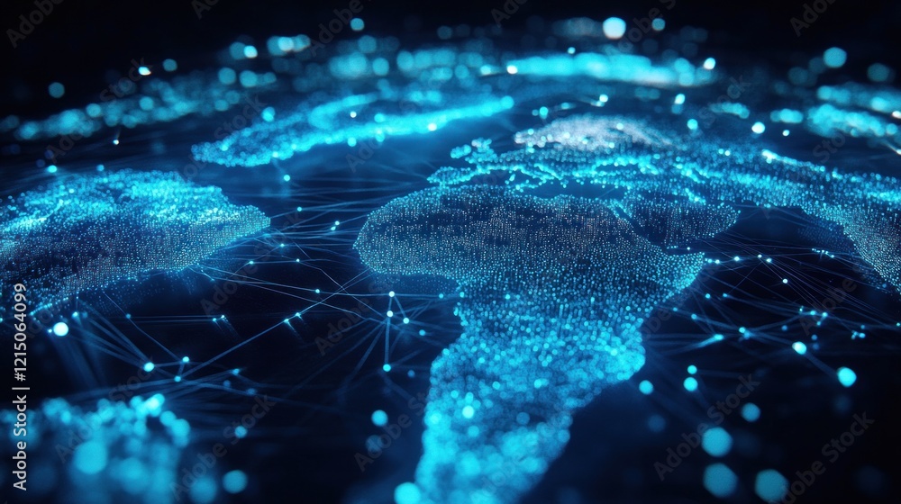 Poster global connectivity: digital world map with glowing network connections