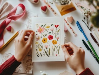 Hands Holding Floral Greeting Card Amidst Art Supplies and Decor