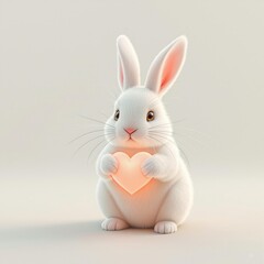 Obraz premium Beautiful white rabbit holding heart symbolizing love and compassion, holiday gift, paws