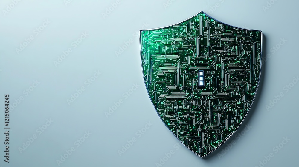 Poster a shield symbolizing digital security with a circuit board design.