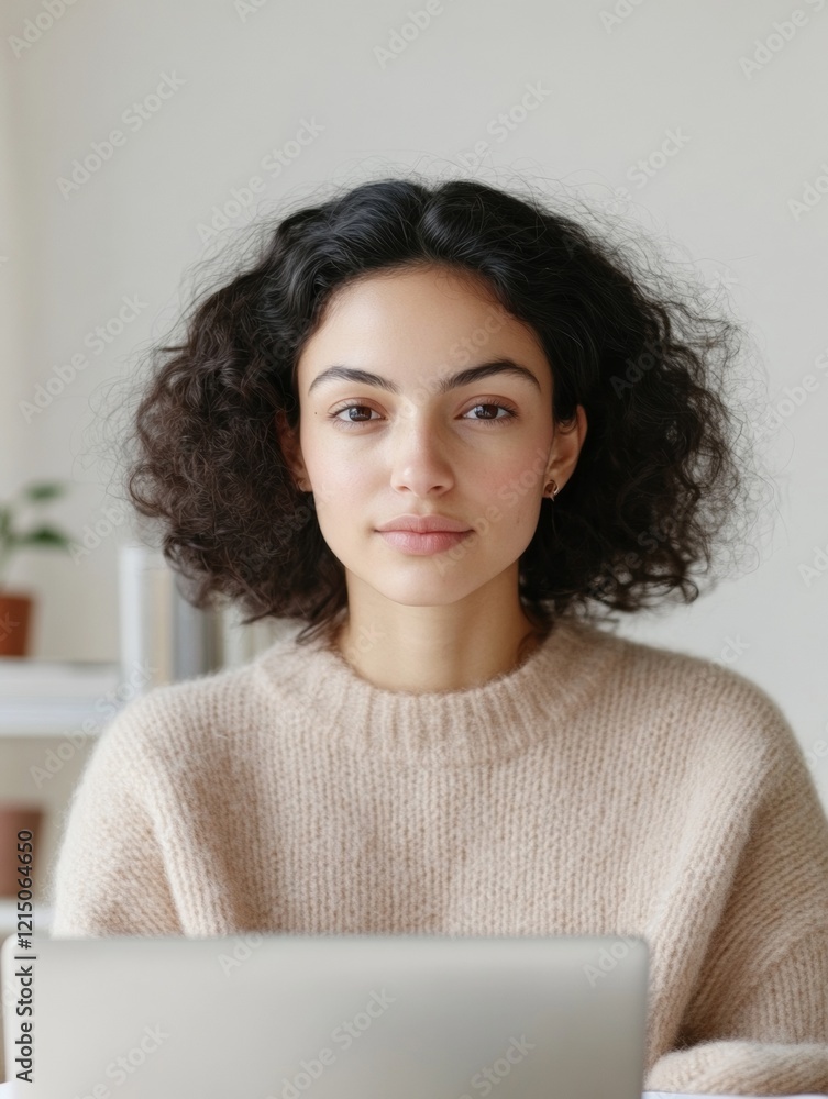 Poster modern workspace with indian female professional minimalist office setting with laptop and documents
