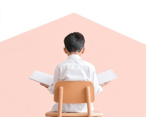Minimalist Digital Learning Young Student in White Engaged with Dual Tablets on Wooden Chair - Modern Education Technology and Interactive Classroom Solutions