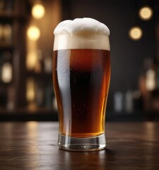 Beer glass with foamy head and dark liquid, blurred background, liquid, beverage, bubble
