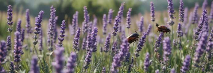 Fototapeta premium Beetles crawling up lavender stalks in the meadow , wildflowers, outdoor photography,