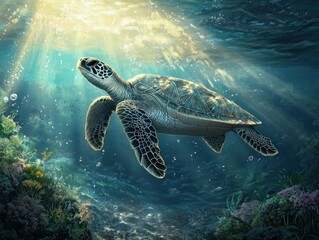 Obraz premium Majestic Sea Turtle Swimming Gracefully in Vibrant Ocean Environment