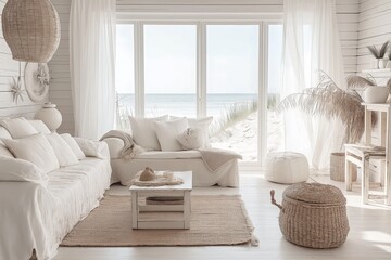 A bright, airy living room with whitewashed wooden furniture, ocean-themed decor