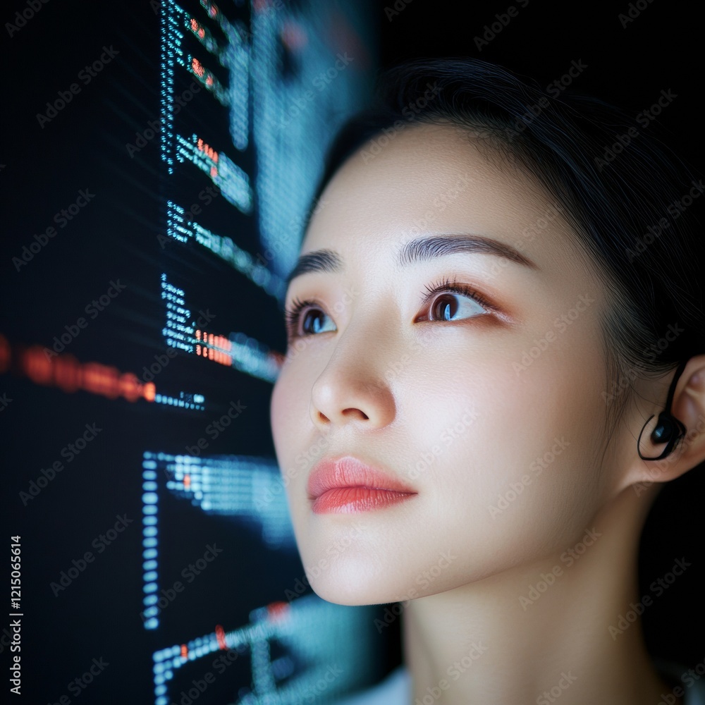 Poster sleek tech leadership modern korean it manager analyzing data on digital dashboard in contemporary h