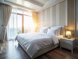 Fototapeta premium Luxurious Hotel Room Bed, Elegant Bedding, Comfortable Sleep, Modern Interior Design, Peaceful Retreat