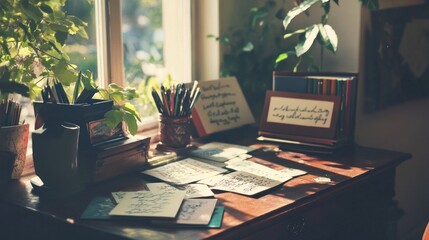 Fototapeta premium Cozy Writing Space with Stationery and Plants by Sunlight